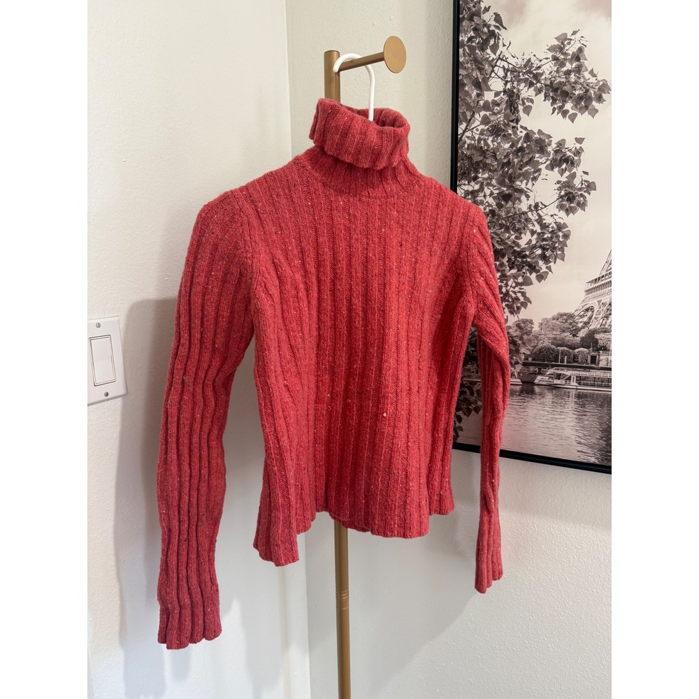 Garnet Hill Red Wool Blend Ribbed Turtleneck Speckled Knit Sweater Made in USA M
